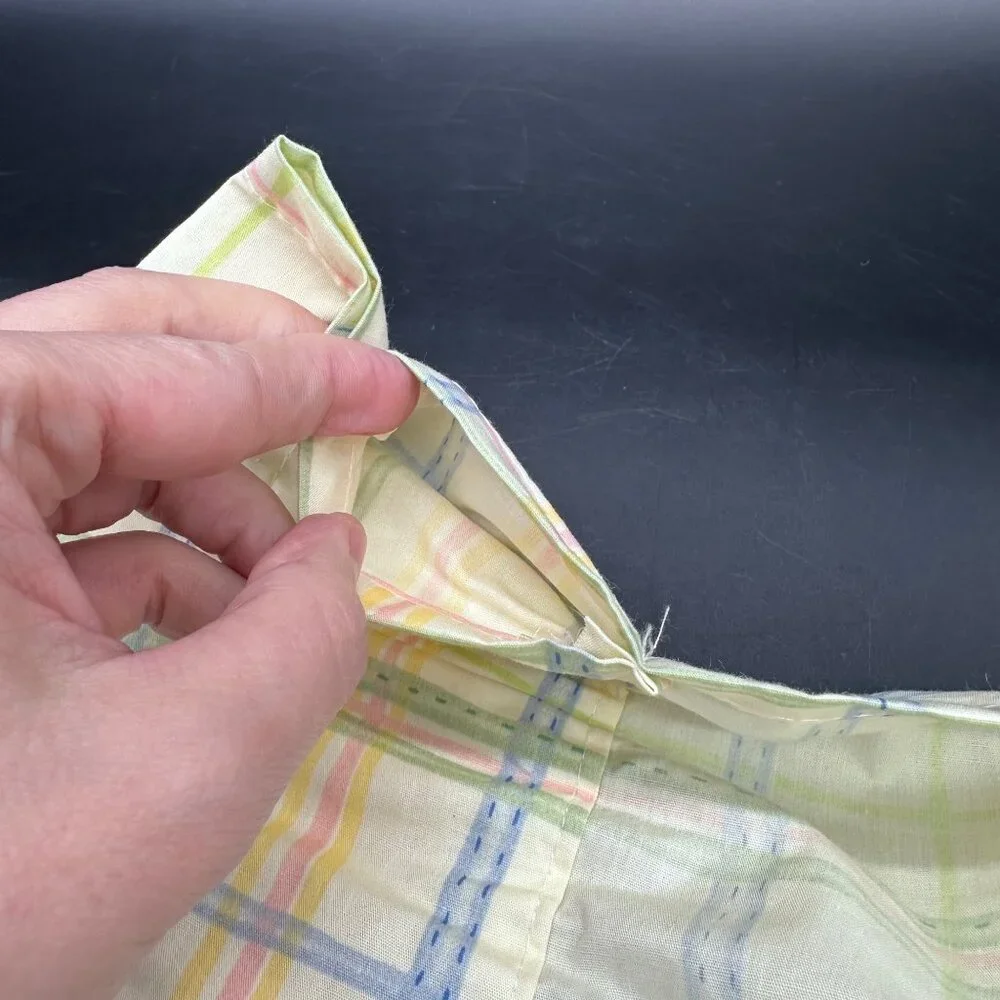 Vintage Curtain Topper Pastel Plaid Stripes Blue Yellow USA Cotton Cottagecore